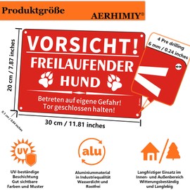 Caution Dog Sign Aluminium Reflective 20 x 30 cm, Warning Free-Ranging Dog Sign Metal Sign Dog Warning Aluminium, UV-Resistant, Waterproof, Rustproof, with Drill Holes, Red