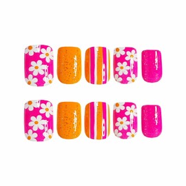 MISUD Summer Press on Nails Short Square Fake Nails Glossy Glue on Nails Pink Orange Acrylic Nail Supplies Squoval Artificial Nail Art Bling Glitter Stick on False Nails with Flower Design DIY 24 pcs