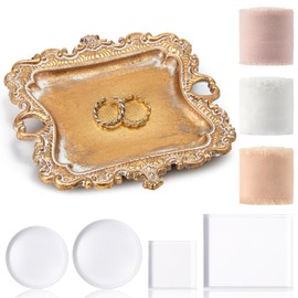 Cinnvoice 8 Pcs Flat Lay Props Set Include 1 Jewelry Tray Vintage Decor 4 Acrylic Clear Stamp Display Block 3 Wedding Chiffon Silk Ribbon for Bridal Party Decoration Gift (2 Square 2 Round Bases)