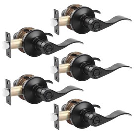 Probrico (5 Pack Privacy Door Lever,Locking Black Door Handle Set for Bathroom & Bedroom Doors,Keyless Interior Door Handle Black Finish Wave Door Lock, Reversible Right & Left Side Handed
