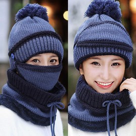 3 in 1 Warm Thick Knitted Beanie Hat Scarf and Mask Set Slouchy Snow Knit Cap Infinity Scarves for Women (Blue)