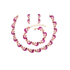 QLLYHLH Woman’s Brides Bridesmaid Leaf Choker Necklace Dangle Earrings Link Bracelet Austrian Crystal Wedding Jewelry Set Prom Costume Party Events (Fuchsia-Gold Plated, Alloy)