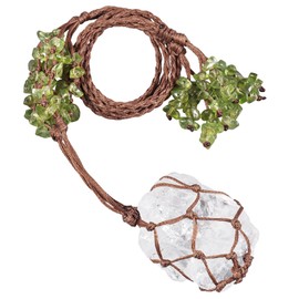 TUMBEELLUWA Natural Raw Rock Crystal Stone Necklace for Women Men, Hand-Woven Crystal Pendant Birthstone Jewelry with Olivine Tassels