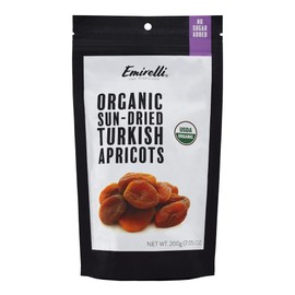 Emirelli Organic Turkish Dried Apricots, Non GMO Vegan Sun-Dried Snacks, No Sugar Added, Packed in Natural Resealable Pouch, Healthy and Rich Nutritional Values, Net 7.05 Ounce