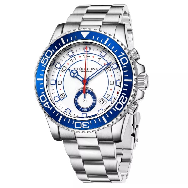 Stührling Stuhrling Men's Chronograph Diver White Dial Blue Bezel Silver