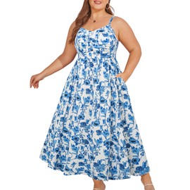Hanna Nikole Women Sundress with Adjustable Spaghetti Straps Smocked Back Elegant Ruched Bust Dress 18 Plus Blue Flower
