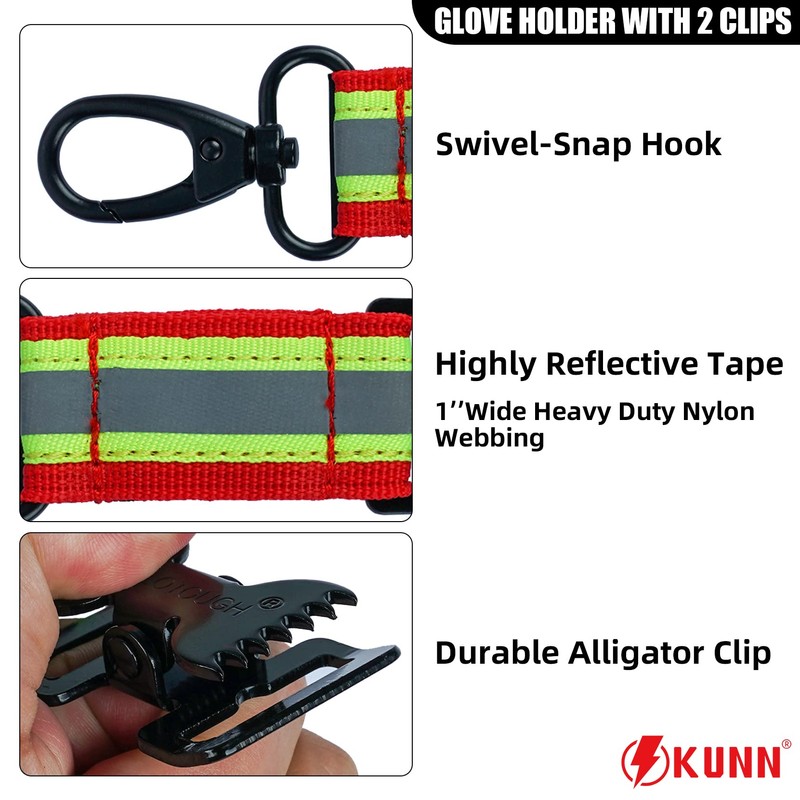 KUNN Work Glove Clips, Fireflighter Glove Strap with 360°Swivel Hook,Reflective
