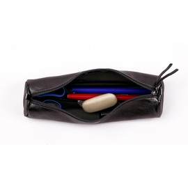 Clairefontaine - Ref 8690C - Cuirisé' Leather Round Pencil Case - 22cm x 5.5cm, Made From Genuine Lambskin Leather, Metal Zip With Leather Puller - Graphite