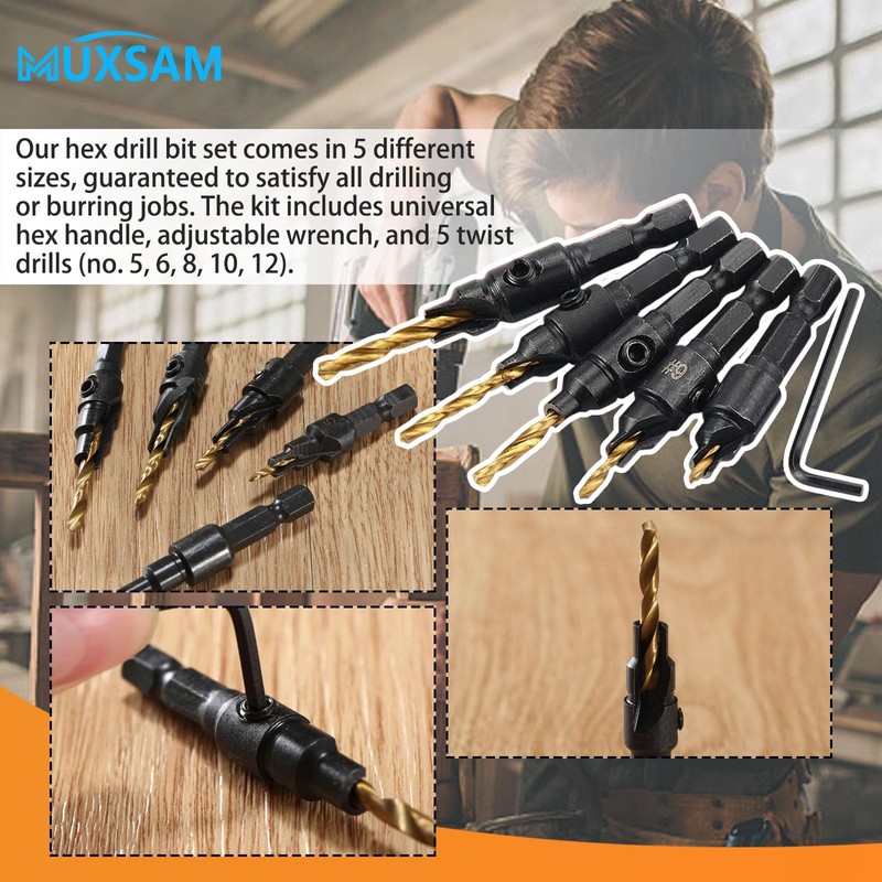 MUXSAM 1/4 inch Hex Shank Countersink Drill Bit Power Tools