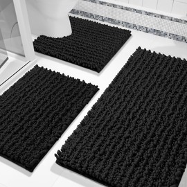 Yimobra Bathroom Rugs Sets 3 Piece, Fluffy Plush Chenille Baht Room Mats Sets with Toilet Rug U Shaped, Soft Shaggy Absorbent Non Slip Shower Rug for Sink, Laundry Room Mat, Machine Washable, Black