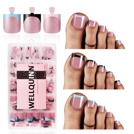 Wellquinn French Tip Toe Nail Press Ons, 180pcs Toenails Sharp Square for Women, Pre-Designed Soft Gel Thick False Toenail Extension, Pink Blue Black French Tip Full Cover Acrylic Nails 15 Sizes