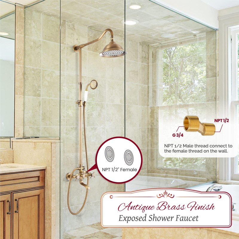 Gotonovo Exposed Antique Brass Shower System Set - 8" Rain