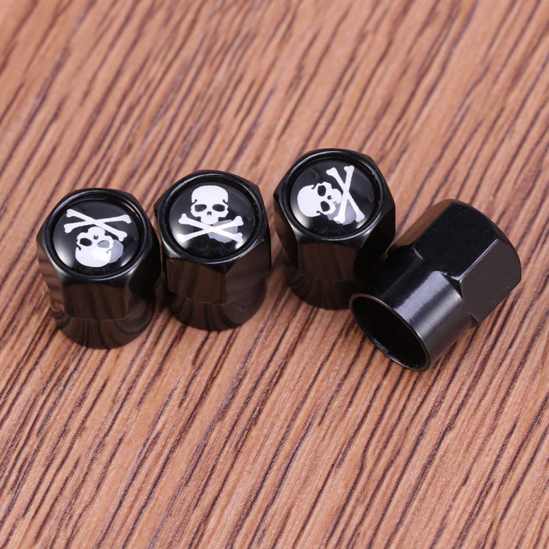 VICASKY Universal Fitment Valve Caps Skull Pattern 4pcs Black Car