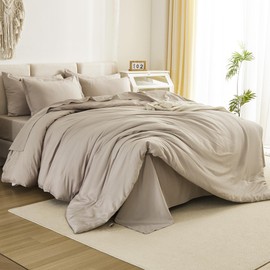 Litanika Comforter California King Size Set Oatmeal - 7 Pieces Bed in a Bag California King Beddding Comforter Sets, Plain Lightweight Bed Set with Comforter, Sheets, Pillowcases & Shams