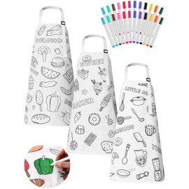 Glitopper 3 Pcs DIY Coloring Apron for Girls Boys Painting Apron with 24 Fabric Markers Fun & Educational Craft White Aprons for 6-10 Years Old