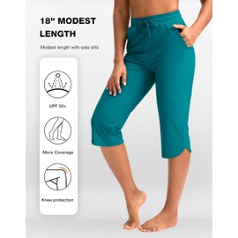 Pudolla Women's Swim Capris 18" Quick Dry UPF50+ Swimsuit Pants Long Board Shorts for Women with Pockets (Lake Blue Large)