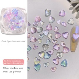 Heart Nail Art Charms 3D Shiny Aurora Love Hearts Nails Gems Rhinestones Mixed Size Crystal Jewelry for Women Valentine's Day Acrylic Nail Decoration Supplies, Craft DIY Accessories 2Boxes