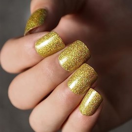 Shiny Powder Colorful Press On False Nails Short Medium Length Full Cover Acrylic Fake Nails Almond Shaped Ballerina Nails for Women Lady Minimalist Cute Summer Style Reusable Nails for Nail Salons and Home DIY Nail Art (JDB-ZH03 Yellow)