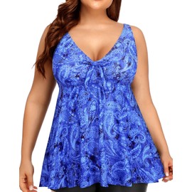 Yonique - playera tipo tankini de talla grande para mujer, solo con fluidez, para nadar o bañar, Azul (Paisley), 24 Plus