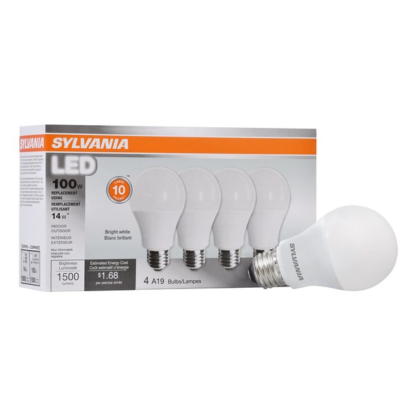 SYLVANIA LED Light Bulb, 100W Equivalent A19, Efficient 14W, Frosted Finish, 1500 Lumens, Bright White - 4 Pack (78102)