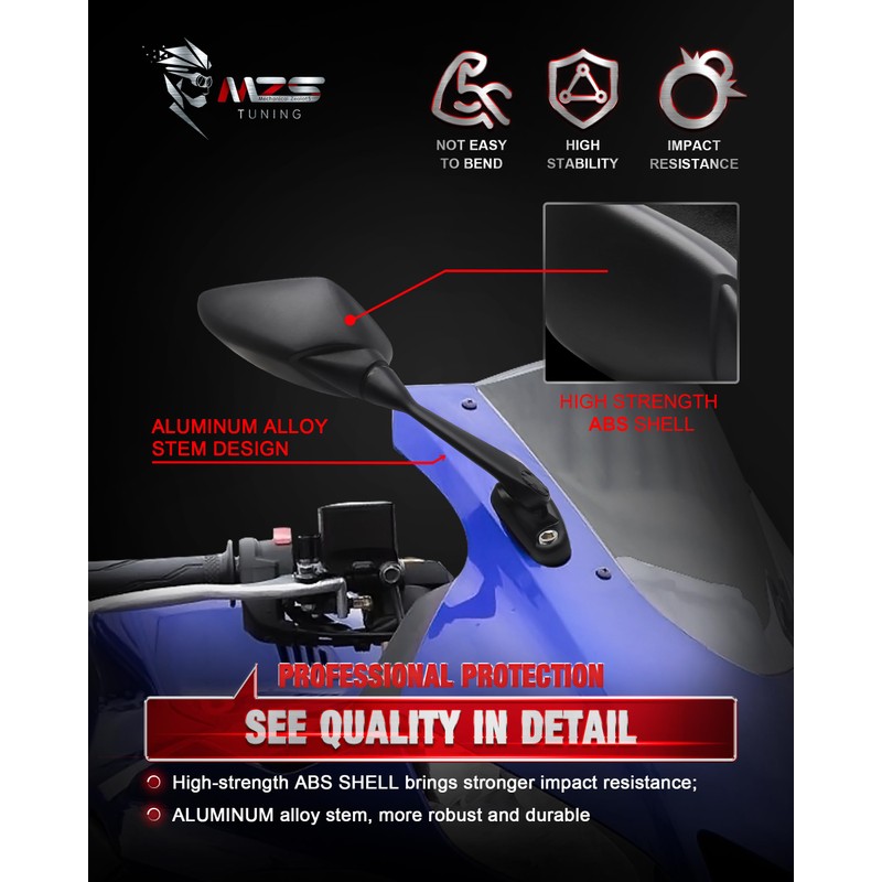 MZS Racing Motorcycle Mirrors, Fairing Rearview Side Mirror Adjustable Black