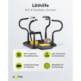 goobay 61669 Soldering Aid with 4 Flexible Gooseneck Arms and Crocodile Clips, Soldering Station, Third Hand, for Soldering and Crafts, Tool Accessories, Includes Solder Holder, Soldering Sponge,