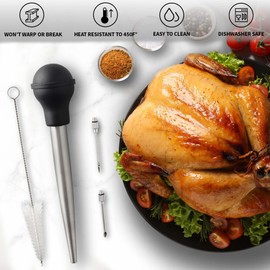 Zulay Kitchen Stainless Steel Turkey Baster for Cooking - Food Grade Metal Baster Syringe & Silicone Suction Bulb - Large Size With 2 Detachable Needles and Cleaning Brush