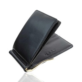 GRAV Men's Money Clip Card Case Wallet Bifold Bill Case Leather (IC Card Pocket with Hidden Pocket), Coin purse integrated type: black