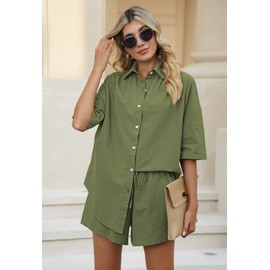 Meenew 2 Piece Lounge Set for Women Button Down Short Sleeve Tops and Shorts Set Summer Matching Set Outfits XL