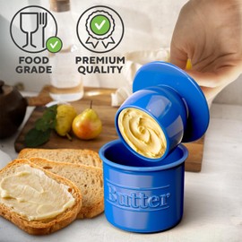 Premium Butter Crock with Lid - Original Design French Butter Dish - Beautiful Ceramic Butter Keeper for Counter with Water Line - Perfect to Keep Butter Soft and Spreadable - Dark Blue