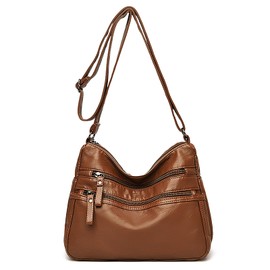 FuninCrea Women's Large Shoulder Bag with 5 Zip Pockets, Crossbody Bag, Women's PU Leather Shoulder Bag, Women's Handbag with Adjustable Shoulder Strap for Shopping, Travel, brown