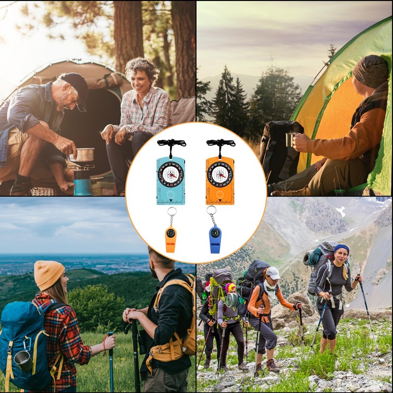 4 Pcs Multifunctional Compass and Hiking Whistle Set, Compass Navigation,