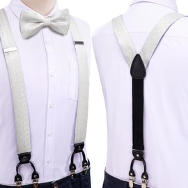Dubulle Mens Clips Suspenders and Pretied Bowtie Set Y Shape Adjustable Paisley Checks Braces Pocket Square,Sliver White