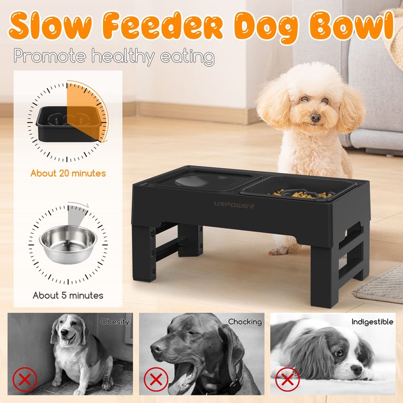 URPOWER 2-in-1 Elevated Slow Feeder Dog Bowls with No-Spill Water