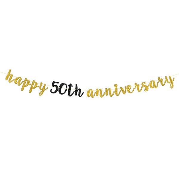 Gold Glitter Happy 50th Anniversary Banner - for 50th Wedding Anniversary/Cheers to 50 Years Party/Fifty Sign Party Decorations