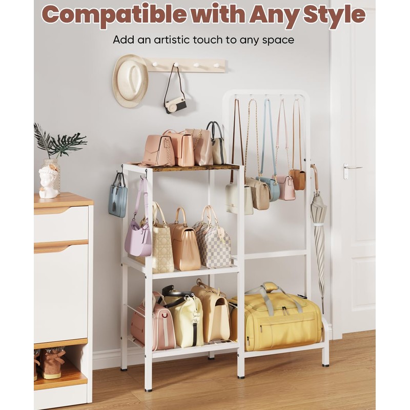 Whoonba Floor-Standing 3-Tier Purse Organizer, High-Capacity Bag Holder with 8