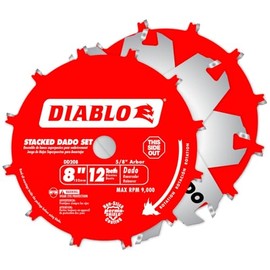Diablo Carbide Stacked Dado Saw Blade Set - 2 Blades, 2 Wing Chippers, Shims and Carrying Case - 8" Diameter, 12 Teeth, 5/8" Arbor, -5° Hook Angle, 9000 Max RPM - DD208H