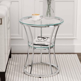 O&K FURNITURE Glass End Table, 2 Tier Side Table with Shelf, Modern End Table with Tempered Glass, Silver End Tables Living Room, Home&Office, Chrome Finish, 1 PC
