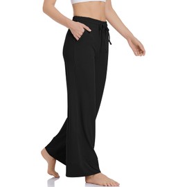 TARSE Wide Leg Yoga Pants for Women Petite High Waist Comfy Pajamas Pants with Pockets Casual Palazzo Lounge Drawstring Sweatpants (Black,S)