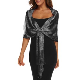Rheane Sparkling Metallic Shawls and Wraps with Buckle for Evening Party Dresses Wedding Party, I. Black/Silver (With Black Buckle), Large