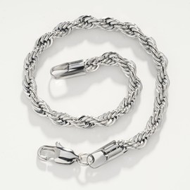 L.Karden 4MM Mens Twist Rope Chain Bracelet Silver for Men Boys Women, Stainless Steel 18K Plated Bracelets