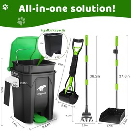 Uppcasir Dog Poop Trash Can Outside with Pooper Scooper and Metal Rake & Tray, 20L/5Gal Dog Waste Trash Can with Lid, Pedal and Removable Inner Waste Bin, Pet Poop Bin with 100 Bags, Green