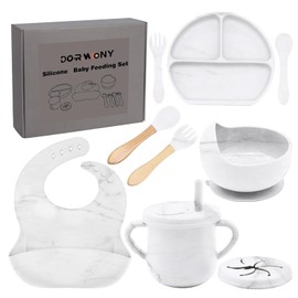 Dormlony 100% Silicone Baby Feeding Set,BPA Free Baby Dishes Set with Suction Bowl Divided Plate,Toddler Self Feeding Dish Set with Spoons Forks Sippy Cup and Bib, Baby Eating Utensils(White)