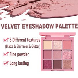 Pink Eyeshadow Palette,9 Colour Glitter Matte Eye Shadow Pallets For Women,Purple Pink Brown Eyeshadow Highly Pigmented Long Lasting Eye Make-Up Palette with 3 Brush