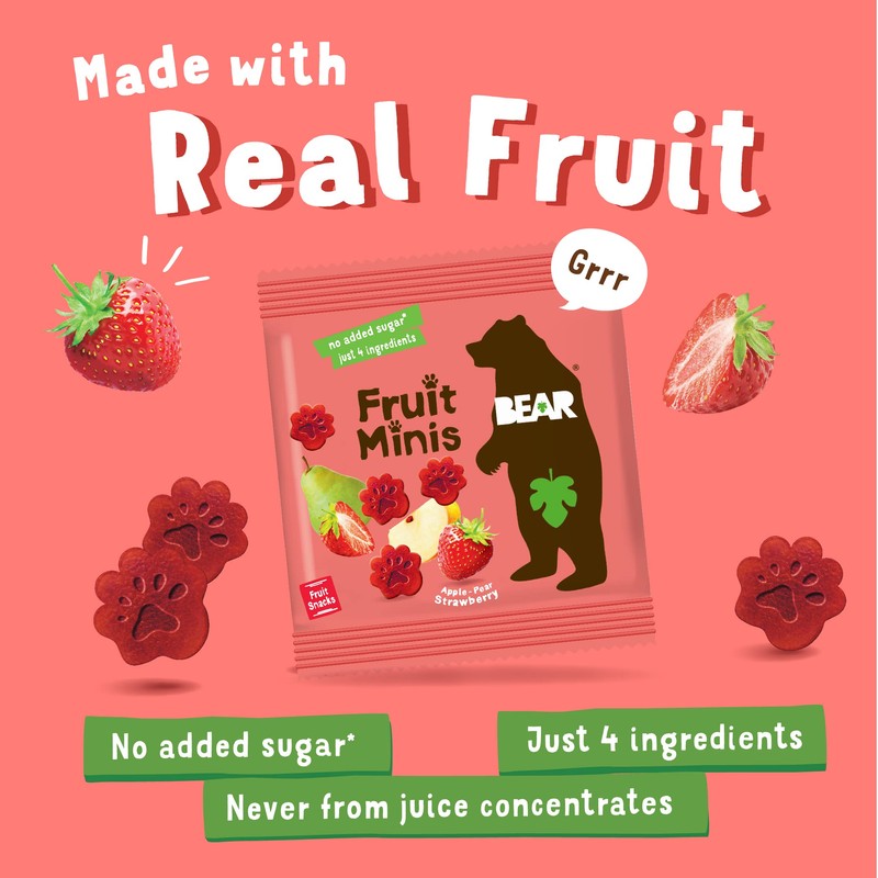 BEAR Real Fruit Snack Minis, Strawberry – (Pack of 18)