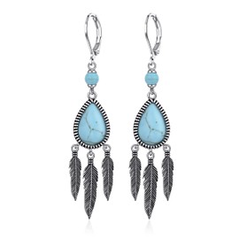 TALYKONG Turquoise Earrings for Women Western Turquoise Feather Earring Jewelry for Women Dangle