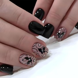 Black Butterfly Vine Designs Press on Nails Short Square False Nails Silver Glitter Rhinestone Fake Nails Pink Glue on Nails Full Cover Glossy Artificial Acrylic Nails for Women Girls Daily Wear 24Pcs