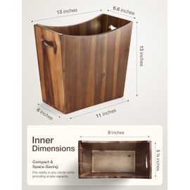 Tidita 3 Gallons Rectangular Wastebaskets - Acacia Wood Waste Basket with Handles - Small Trash Can for Bathroom - Brown Garbage Bin for Spa Bathroom Decorative, Kitchen Counter, Living Room (Walnut)