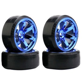 KINGCOO RC Drift Car Wheel and Tyre, 4 Pieces, 63 mm Hard Tyres, Plastic Rims for 1/10 On-Road Racing Drifting, Car Replacement Parts for HSP Tamiya HPI Kyosho (Blue)