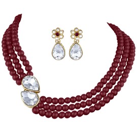 Aheli Pearl Mala Maroon Necklace with Earrings for Women Indian Traditional Bollywood Fashion Stylish Ethnic Jewelry Set